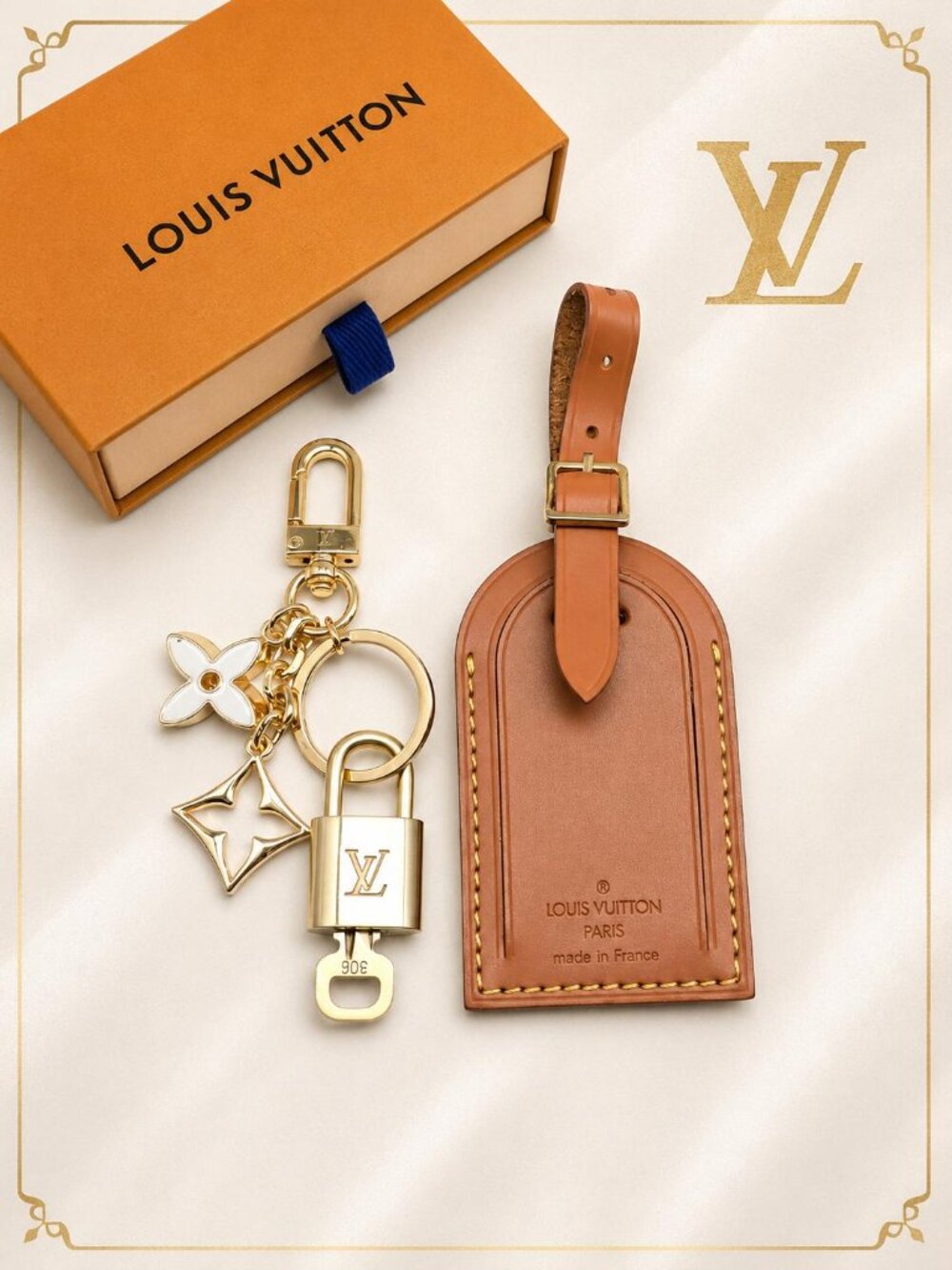 Authentic Louis Vuitton Large Brown Luggage Tag Gold LV Padlock Key + Bag Charm